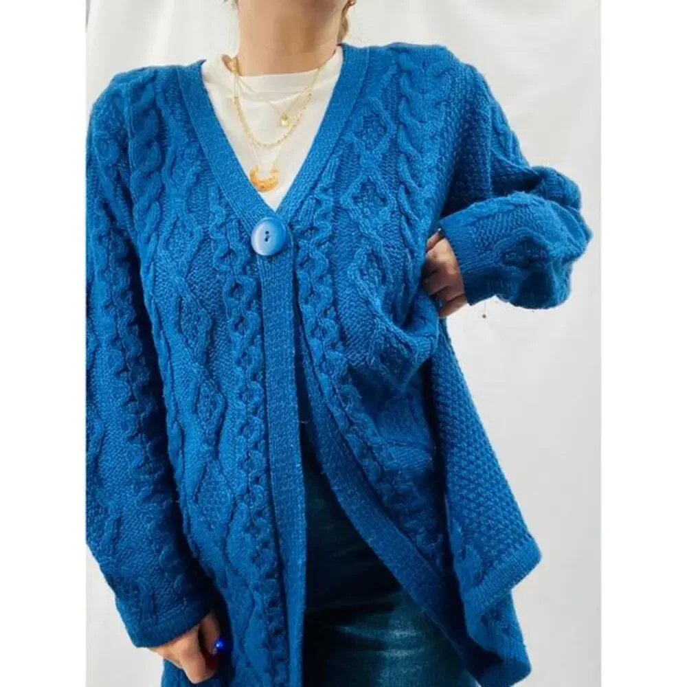 Arancrafts L blue 100% wool cable‎ knit single button long cardigan sweater